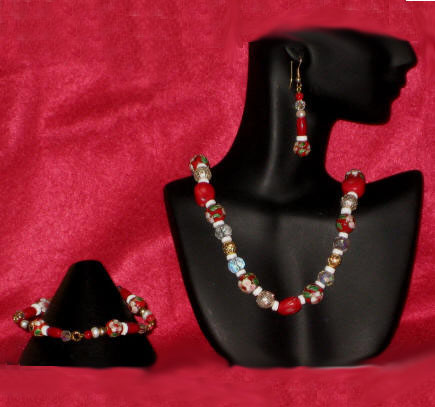 Red Cloisonn, Coral & Crystal Matinee Length Set