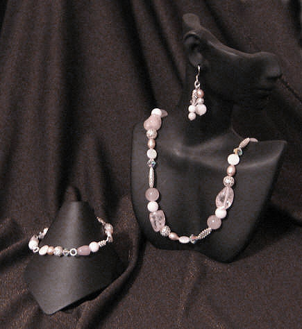 Pink Ice Quartz, Rose Quartz, Mother of Pearl and Freshwater Pearl Matinee Length  Set
